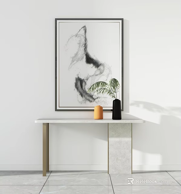 Modern Console Table With Marble Top Potted Plant And Hanging Wall Artwork 3d model