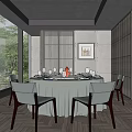 Modern Private Dining Room With Large Windows Green Views Round Table White Tablecloth And Tableware 3d model