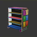 Retail Store Shelving Unit With Blue Layers Black Frame And Colorful Products