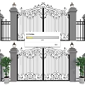Ornate Wrought Iron Gate With Stone Pillars Lamp Posts And Potted Plants For Architectural Exterior