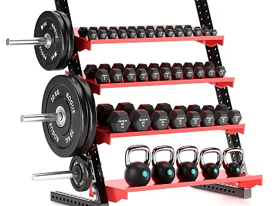 Red Multi Tier Sports Equipment Storage Rack With Barbell Plates Dumbbells And Kettlebells 3d model