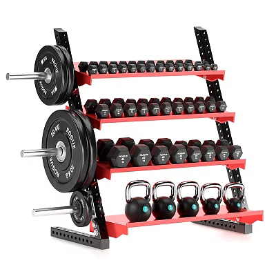 Red Multi Tier Sports Equipment Storage Rack With Barbell Plates Dumbbells And Kettlebells 3d model