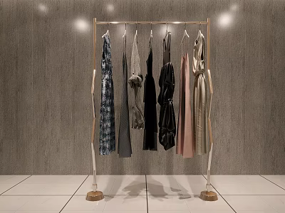 Golden Metal Clothes Rack With Hanging Clothes On Grey Wall White Tiled Floor 3d model