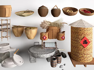 Traditional Agricultural Equipment Including Bamboo Woven Baskets Stone Mill And Straw Storage 3d model