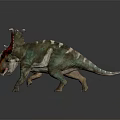Colorful Ceratopsian Dinosaur With Red Crested Horns Green Body White Stripes And Open Mouth