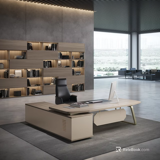 Modern Office Desk with Black Chair Computer Monitor Near Wooden Bookshelf and Large Window View 3d model 