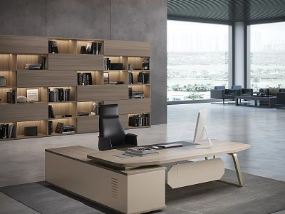 Modern Office Desk with Black Chair Computer Monitor Near Wooden Bookshelf and Large Window View 3d model