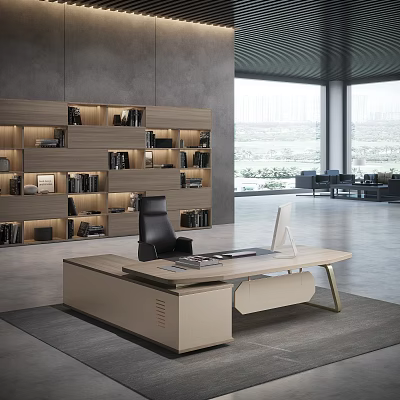 Modern Office Desk with Black Chair Computer Monitor Near Wooden Bookshelf and Large Window View 3d model