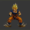 Game Movie Character With Golden Spiky Hair Orange Pants Blue Top Battle Stance Energy Aura