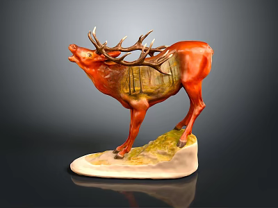 Red Deer Statue With Large Antlers On Green And Yellow Accent Base 3d model