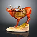 Red Deer Statue With Large Antlers On Green And Yellow Accent Base