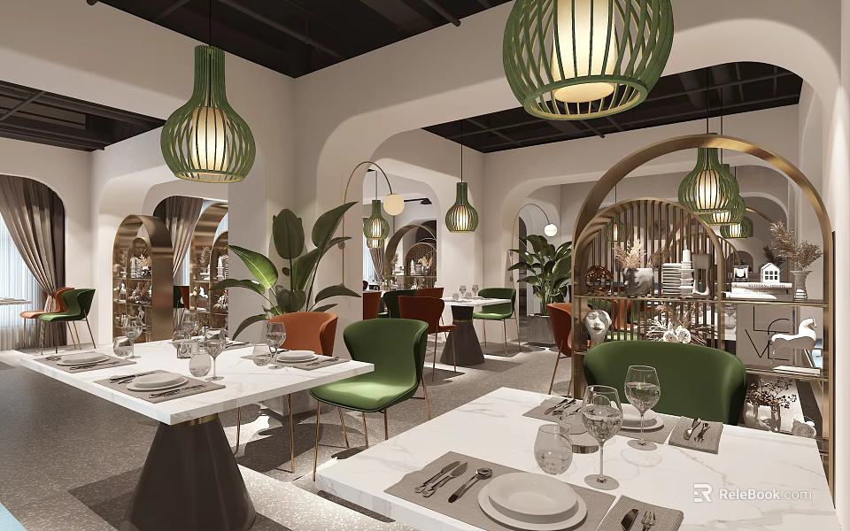 Modern Restaurant Interior With Green Chairs Pendant Lights Dining Tables And Decorative Plants 3d model 