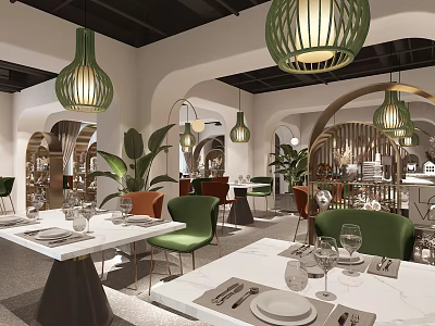 Modern Restaurant Interior With Green Chairs Pendant Lights Dining Tables And Decorative Plants 3d model