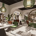 Modern Restaurant Interior With Green Chairs Pendant Lights Dining Tables And Decorative Plants