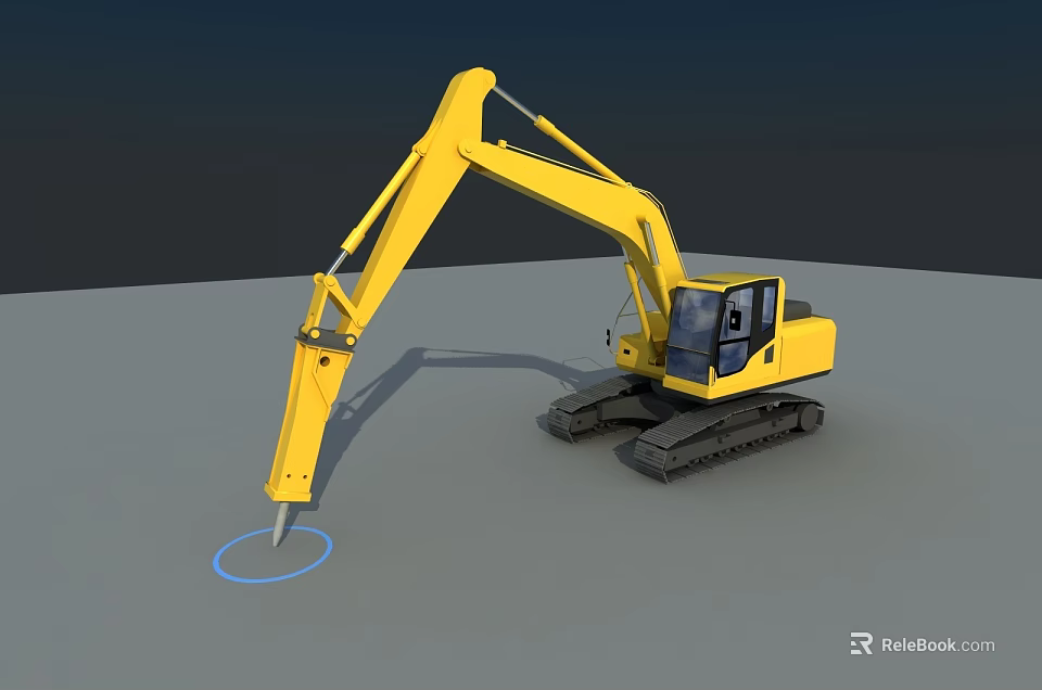 Yellow Excavator with Long Hydraulic Arm Tracked Chassis Operator Cab and Pointed Tool 3d model 