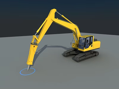 Yellow Excavator with Long Hydraulic Arm Tracked Chassis Operator Cab and Pointed Tool 3d model