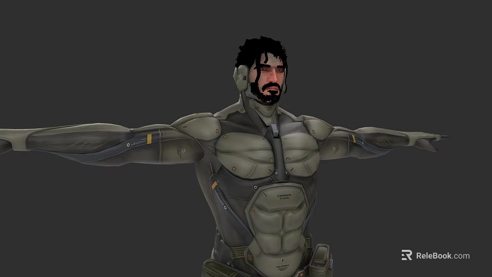 Futuristic Mechanical Male Game Character With Black Short Hair Beard Gray Armor And Outstretched Arms 3d model 