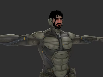 Futuristic Mechanical Male Game Character With Black Short Hair Beard Gray Armor And Outstretched Arms 3d model