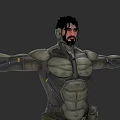 Futuristic Mechanical Male Game Character With Black Short Hair Beard Gray Armor And Outstretched Arms