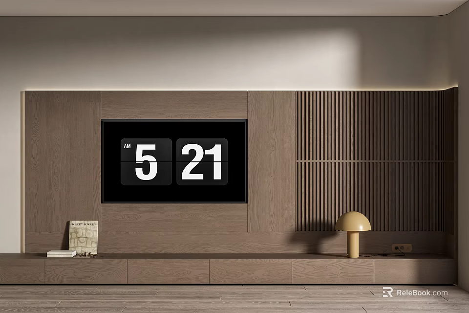 Modern Minimalist TV Wall Design With Wooden Panels Vertical Slats And Table Lamp 3d model 