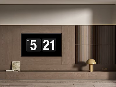 Modern Minimalist TV Wall Design With Wooden Panels Vertical Slats And Table Lamp 3d model