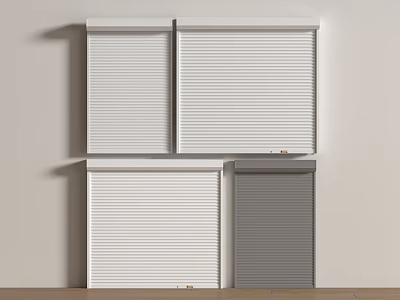Different Roller Shutter Designs In White And Gray Colors Displayed On Wall 3d model