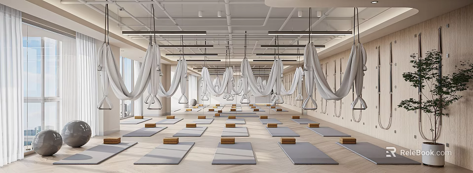 Spacious Bright Yoga Studio With Aerial Yoga Hammocks And Yoga Mats For Fitness 3d model 