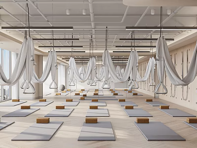 Spacious Bright Yoga Studio With Aerial Yoga Hammocks And Yoga Mats For Fitness 3d model
