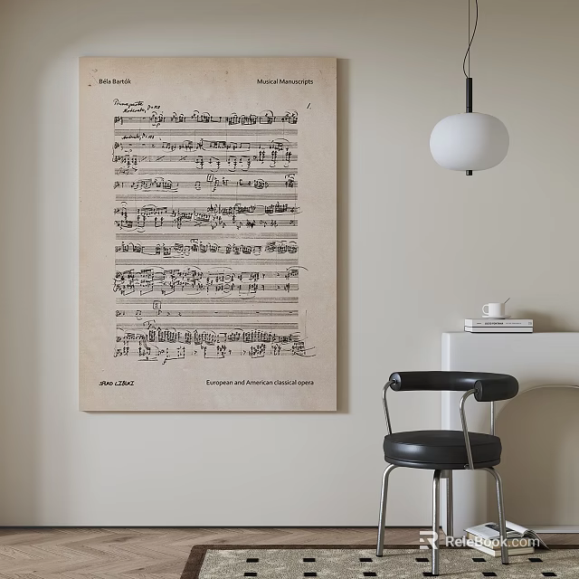 Interior With Vintage Sheet Music Poster White Pendant Light And Black Chair 3d model 