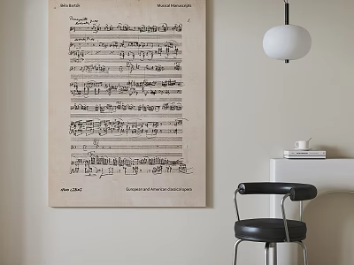 Interior With Vintage Sheet Music Poster White Pendant Light And Black Chair 3d model