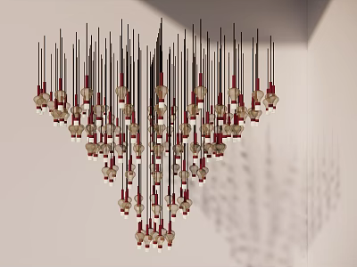Modern Fan Shaped Chandelier With Slender Metal Rods Red Transparent Decorations Hung In White Space 3d model