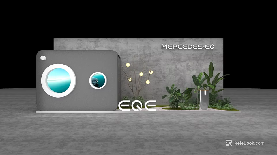 Mercedes EQ Display Stage With Gray Backdrop Circular Design EQE Logo And Plants 3d model 