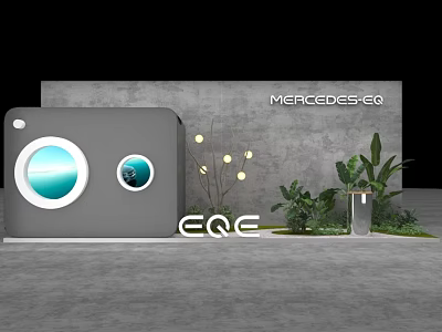 Mercedes EQ Display Stage With Gray Backdrop Circular Design EQE Logo And Plants 3d model