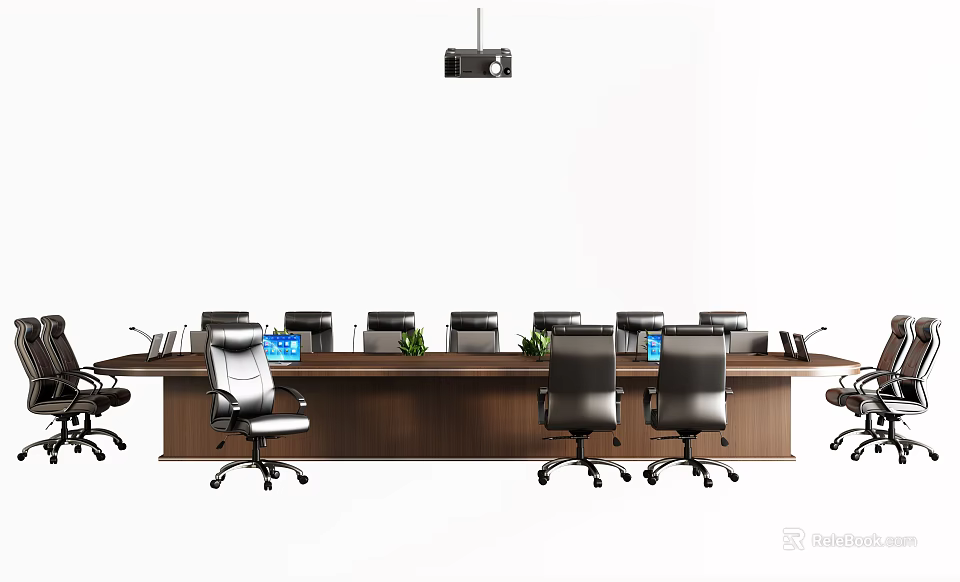 Dark Brown Wooden Conference Table With Black Office Chairs Green Plants Computers And Projector 3d model 