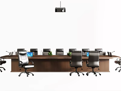 Dark Brown Wooden Conference Table With Black Office Chairs Green Plants Computers And Projector 3d model