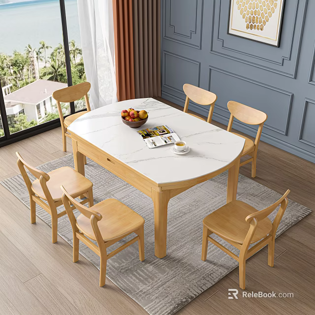 Wooden Dining Table Set With Marble Top Six Chairs Fruit Bowl And Magazine 3d model 