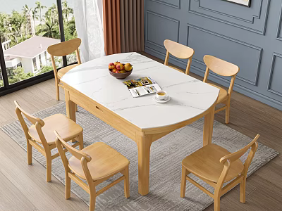 Wooden Dining Table Set With Marble Top Six Chairs Fruit Bowl And Magazine 3d model
