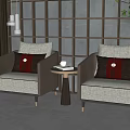 Casual Sofa Set Two Beige Chairs with Red Brown Accent Pillows and Round Side Table 3d model