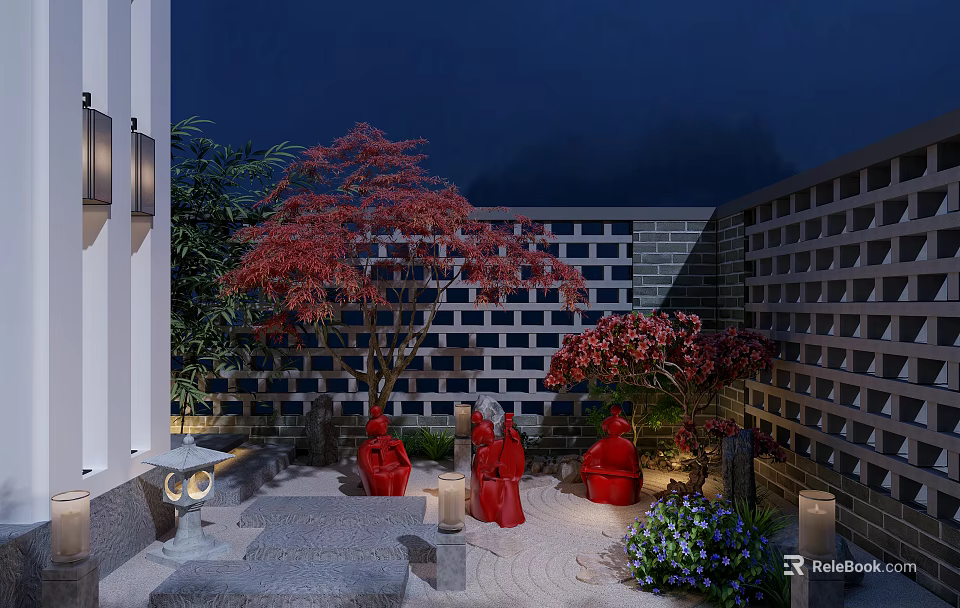 Japanese Garden Landscape with Red Sculptures Red Maple Trees Stone Lanterns And Gravel Path 3d model 