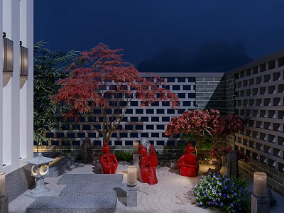 Japanese Garden Landscape with Red Sculptures Red Maple Trees Stone Lanterns And Gravel Path 3d model