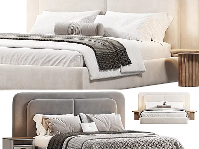 Modern Double Bed With Beige Upholstered Headboard Multiple Pillows And Wooden Nightstand 3d model