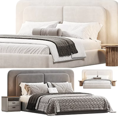 Modern Double Bed With Beige Upholstered Headboard Multiple Pillows And Wooden Nightstand 3d model