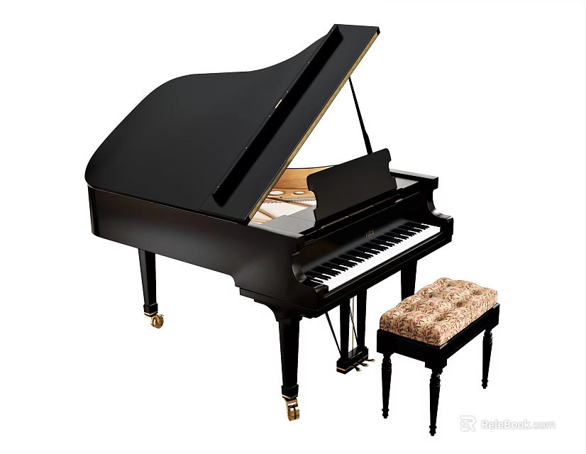 Black Grand Piano Musical Instrument with Art Supplies and Padded Stool 3d model 