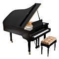 Black Grand Piano Musical Instrument with Art Supplies and Padded Stool 3d model