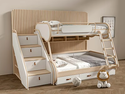 Modern Wooden Bunk Bed with Storage Drawers Staircase Design for Kids Bedroom Furniture 3d model