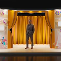 2024 Stage With Yellow Curtains Colorful Planets Cartoon Patterns And Man Standing