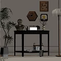 Black Console Table In Modern Interior With Sculpture Clock Vase Wall Art And Green Plant
