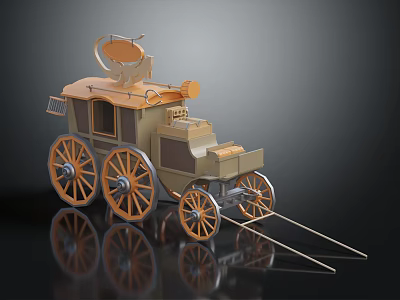 Vintage Wooden Carriage Model With Orange Wheels And Top Mounted Device 3d model