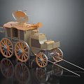 Vintage Wooden Carriage Model With Orange Wheels And Top Mounted Device