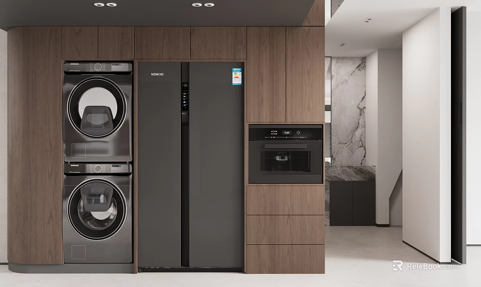 Modern Kitchen Interior With Black Refrigerator Stacked Washing Machine Oven And Wooden Cabinets 3d model 